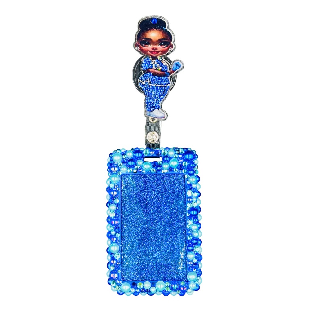 Bling Pearl Fashion Work Name Badge ID Card Holder & Retractable Reel Clip Blue